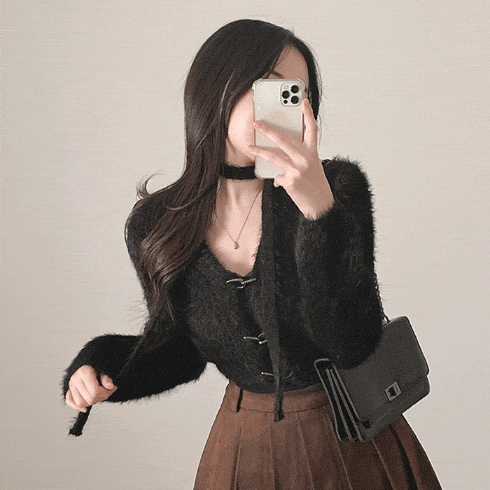 보들촉감 솔잎 버클 앙고라 크롭 퍼가디건 (머플러세트)