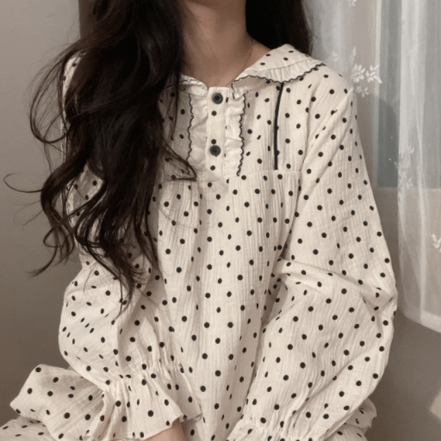 [당일출고] 순면 2size 포근포근 코지 도트 프릴 카라 거즈면 파자마 잠옷 세트