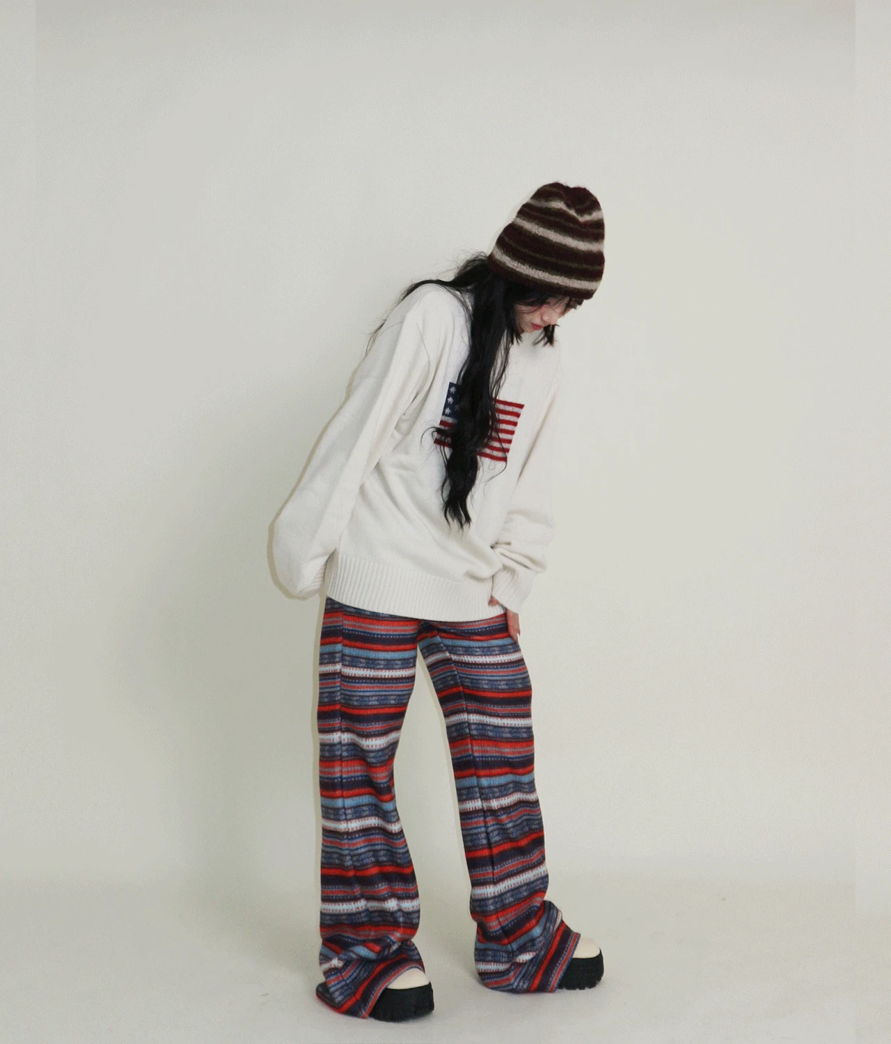 플래시 라인 플레어 스트라이프 니트 팬츠