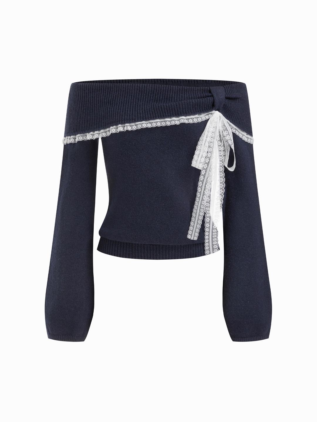 Knit Wool-blend Off-shoulder Lace Trim Long Sleeve Top