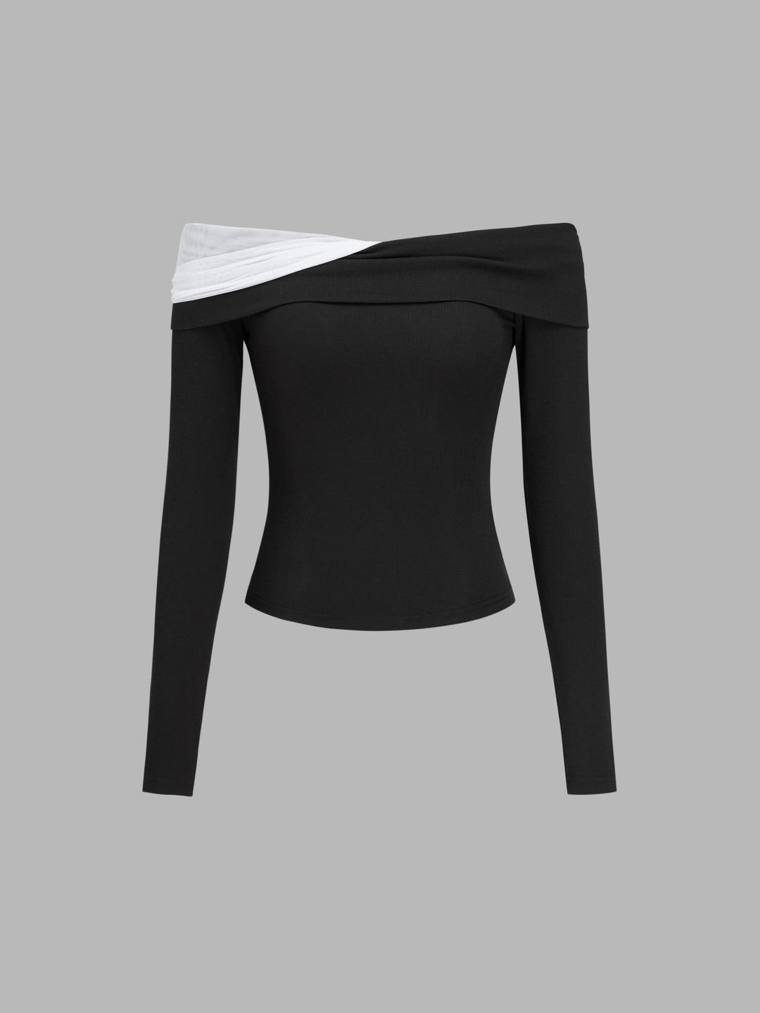 Mesh Patchy Off-shoulder Solid Long Sleeve Top