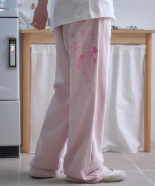 Angel And Ribbon 자수 핀턱 2-Way 와이드 트레이닝 스웨트 팬츠 AP1002 (핑크)
