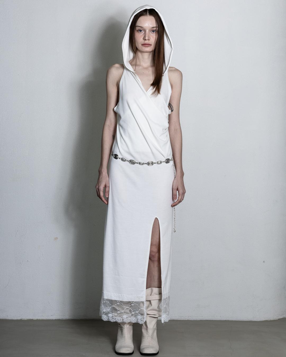 lace detail hood long dress (white)