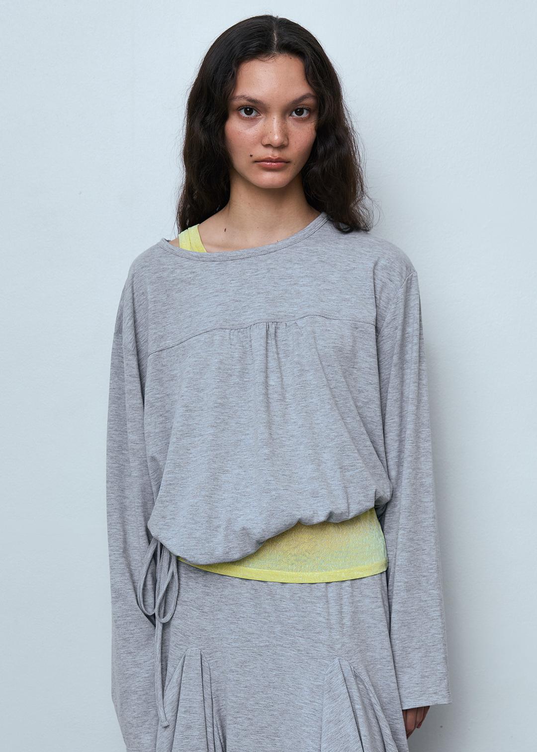 Front Shirring Long Sleeve Top_Melange Grey