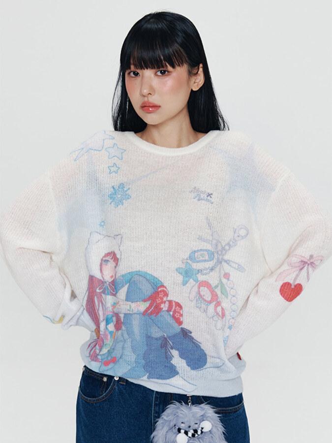 키르시 X 피투 올오버 그래픽 루즈핏 헤어리 니트 [아이보리]