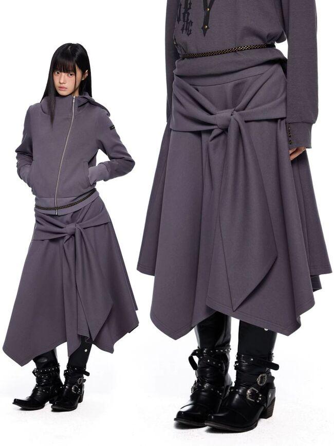 [EZEK] Diagonal Zip Hooded Cardigan & Skirt Set