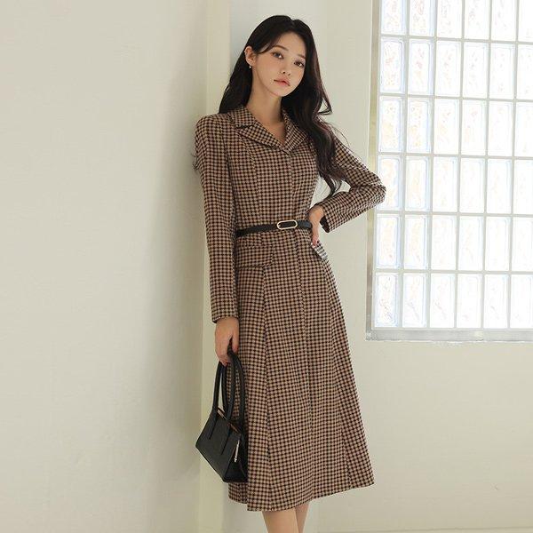 클래식 하운드투스 벨티드 포켓 카라 원피스