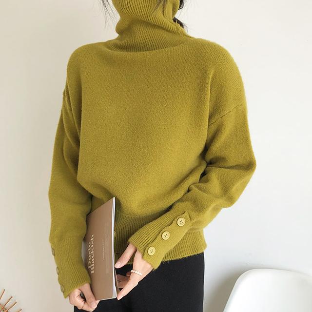 메이킹유 [8color/폭닥] 버튼 포인트 트임 하이넥 터틀넥 목폴라 골지 니트 스웨터 오버핏 WA93223레프니트폴라