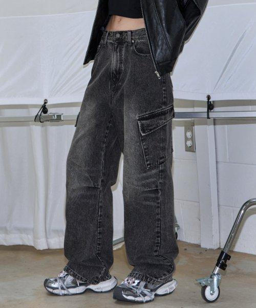 샌디드 카고 와이드 데님 팬츠 [VINTAGE BLACK]