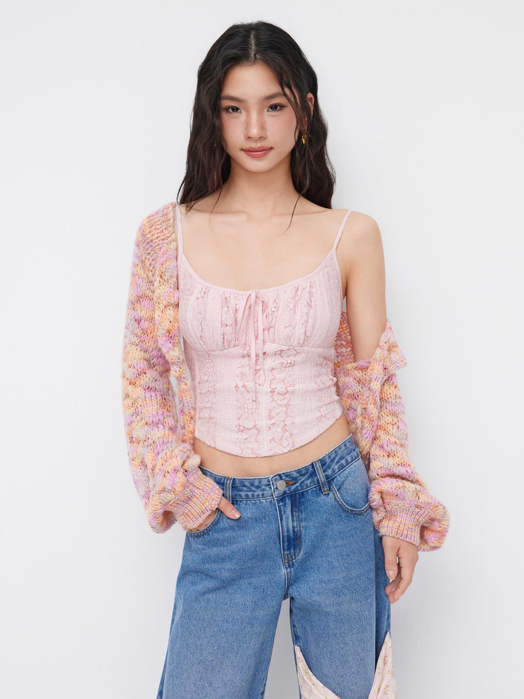 Lace Scoop Neckline Floral Bowknot Ruched Curved Hem Cami Top