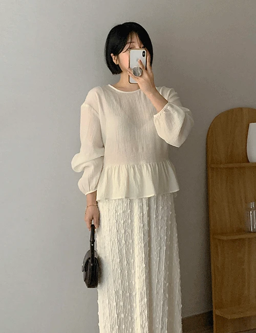 [55-77] 프릴 레이어드 퍼프 리본 링클 블라우스