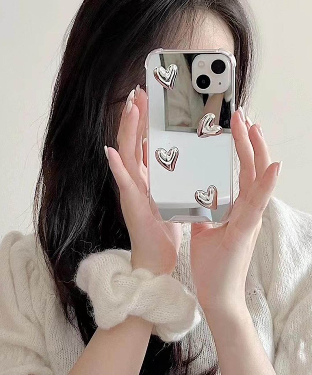 🚀당일출고🚀봄 여름 실버 입체 하트 미러 아이폰케이스 거울 생일 선물 핸드폰케이스 ( 아이폰 7 8 Se2 Se3 Xs max XR 11 12 13 미니 14 프로 맥스 )