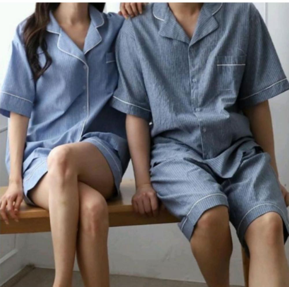 스트라이프 린넨 반팔 반바지 홈웨어세트 여자잠옷 남자잠옷 여름홈웨어