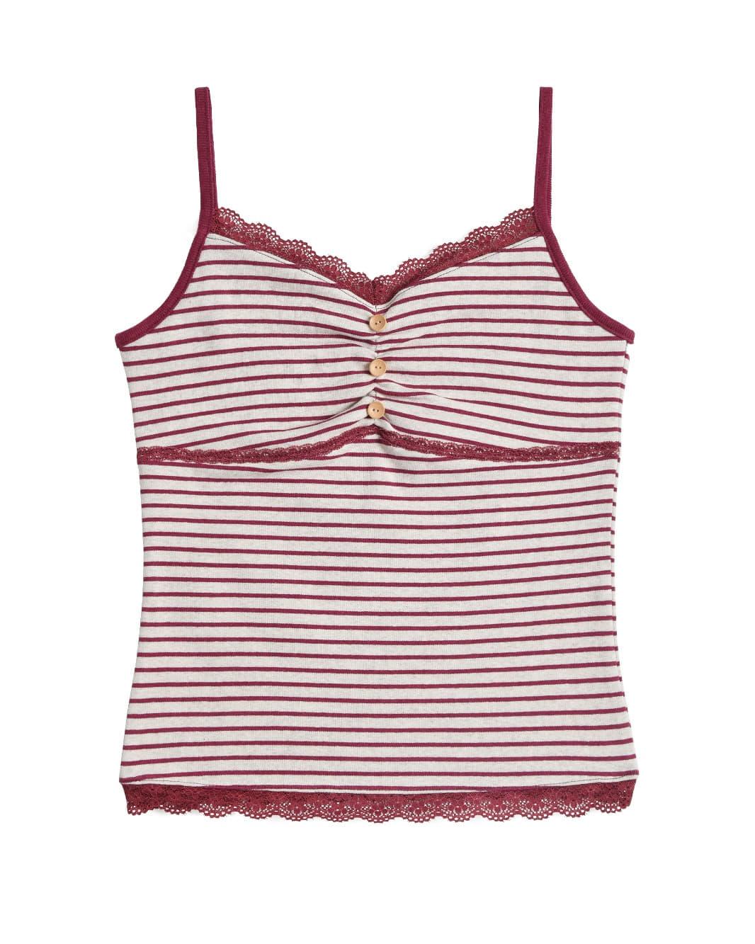 Button Stripe Lace Tank Top (Berry)