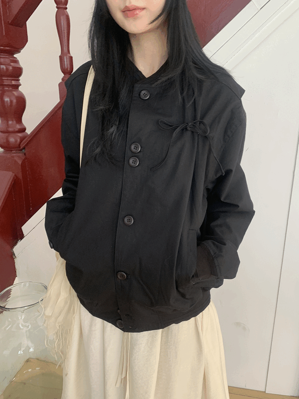 하우유 슈나 리본 블루종 코튼 점퍼 (2c)