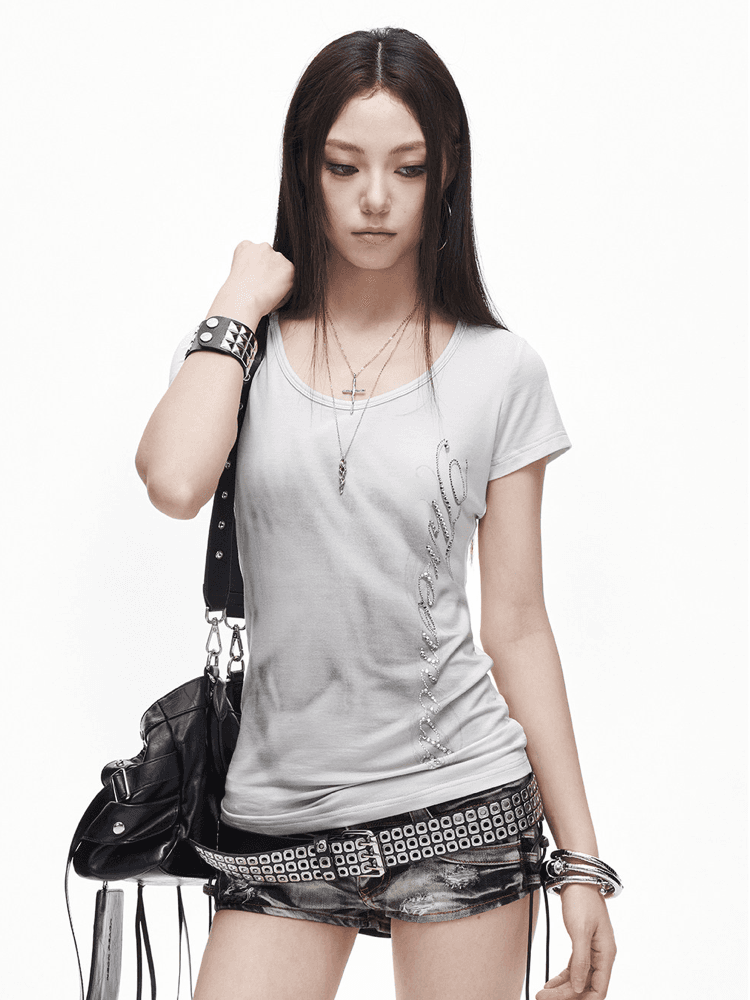 3MODE Retro Rhinestone Short Sleeve T-shirt