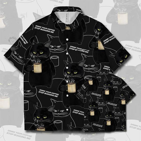 Cat With Coffee Short Sleeve Shirt - White - Black from Apollo Box