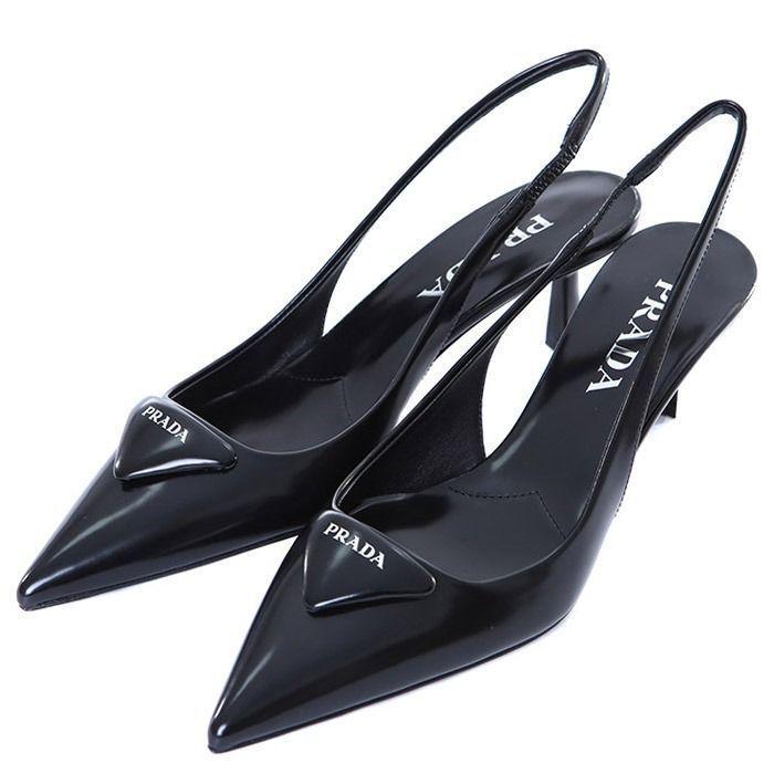 삼각 로고 블랙 슬링백 펌프스