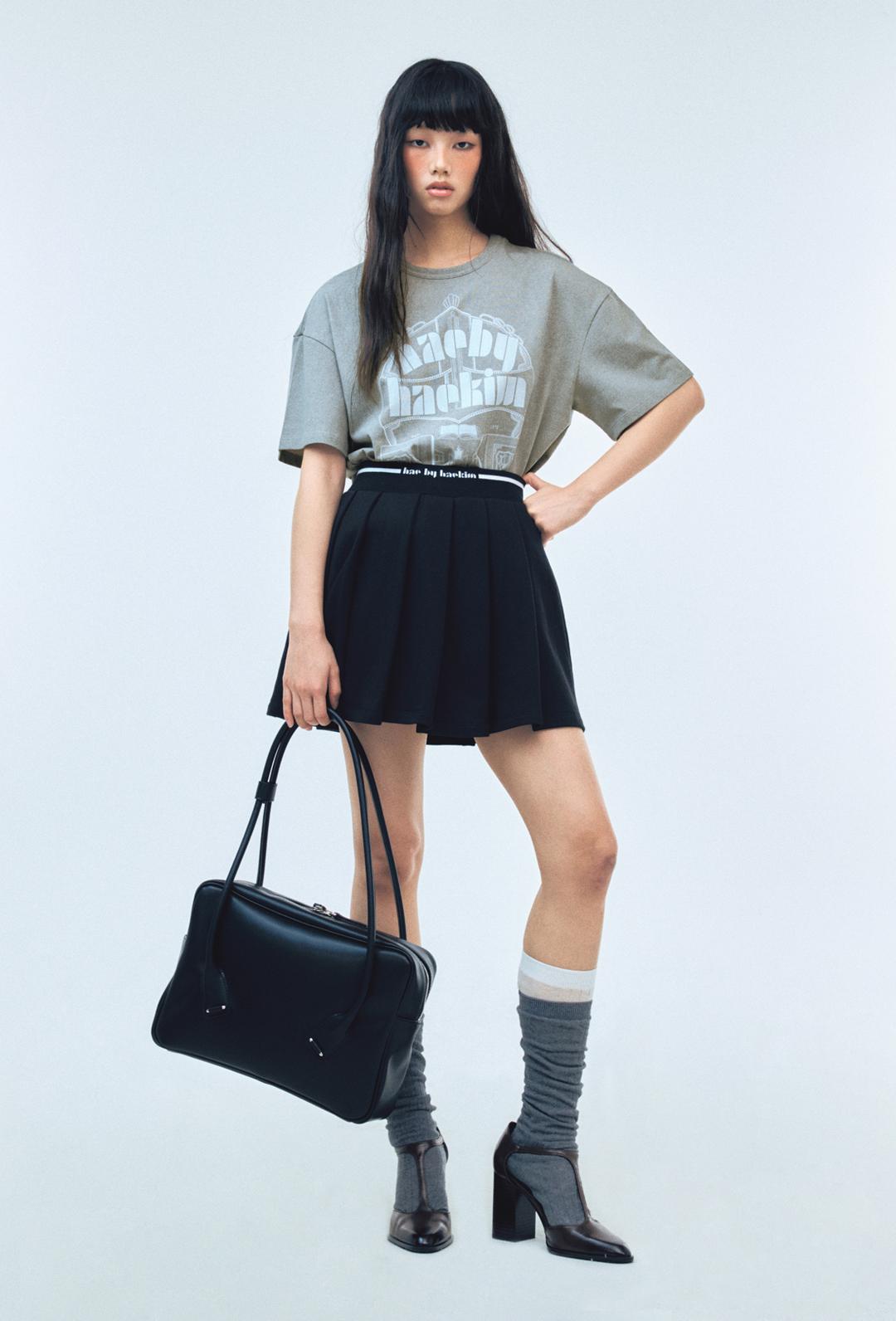 플리티드 스웻 스커트_블랙