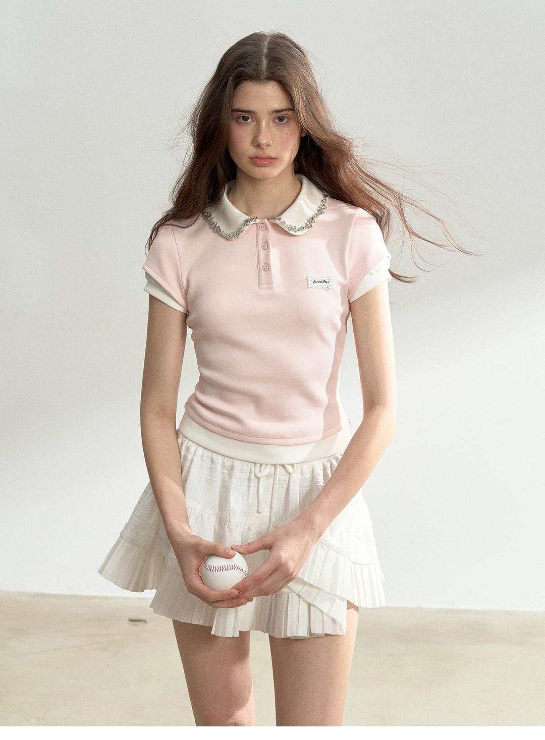 Lace Collar Cotton Polo Shirt