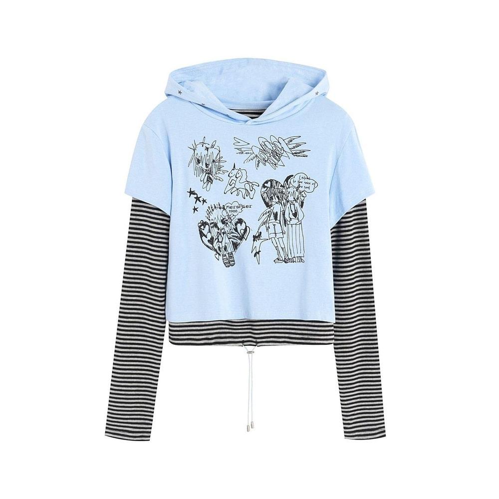 레이어드 슬리브 그래픽 후드티 232514111