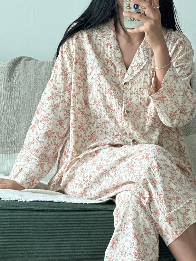 블루밍 여성 긴팔 면 잠옷 플라워 홈웨어 가을 간절기 파자마