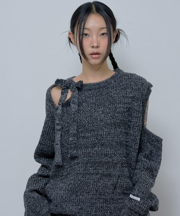 RIBBON ONE-SHOULDER KNIT (BLACK)_F24ZB054