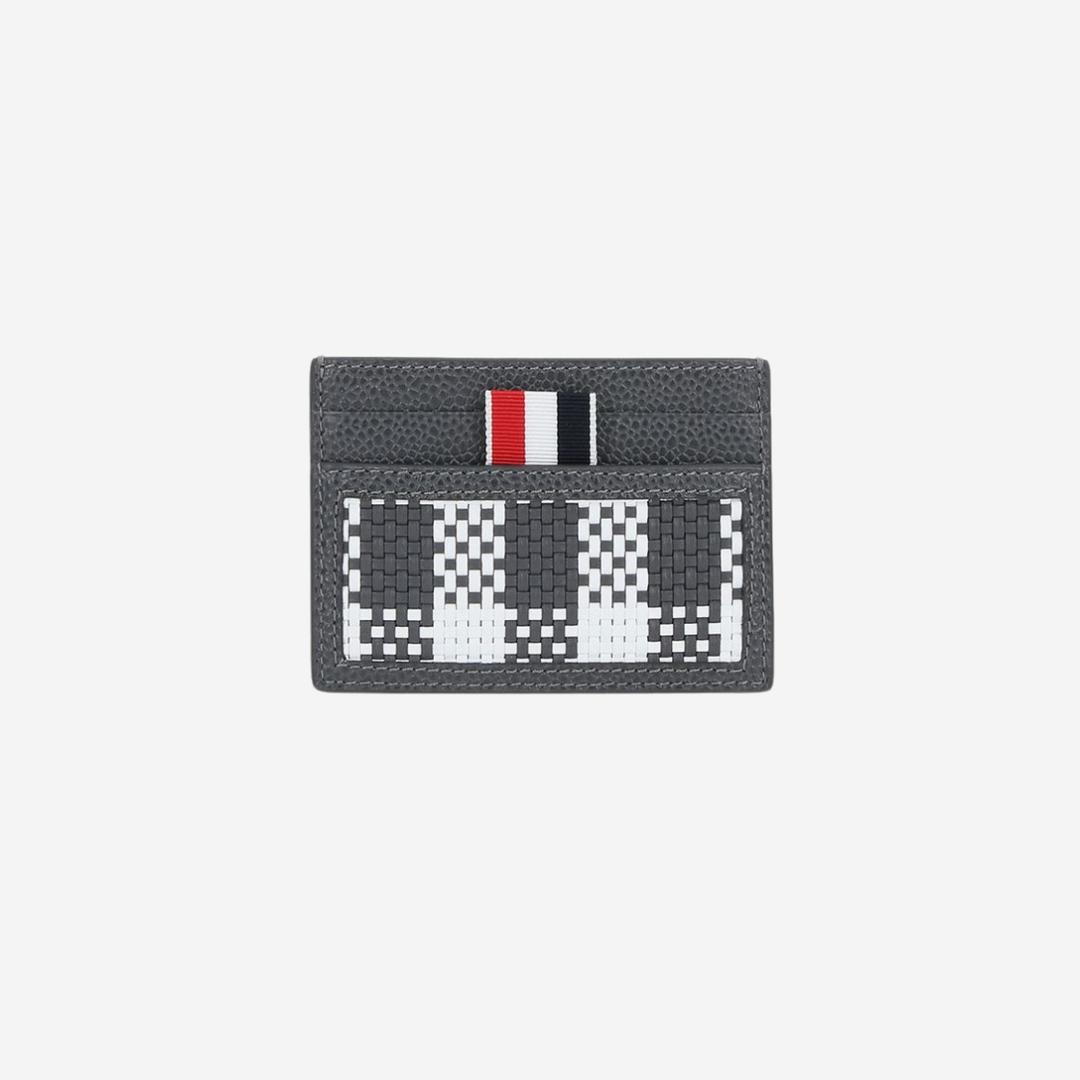 Thom Browne Pebble Grain Leather Check Weaving Single Card Holder Dark Grey