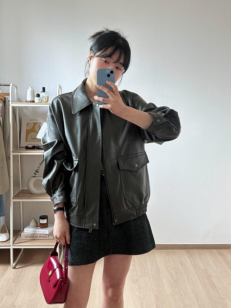 레더 루즈핏 봄 여자 블루종 가죽 점퍼 (브라운 블랙)