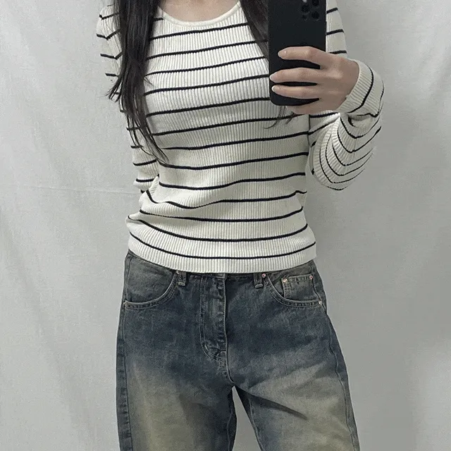 니즈 단가라 유넥 골지 니트 티셔츠 슬림핏 스트라이프 긴팔티셔츠