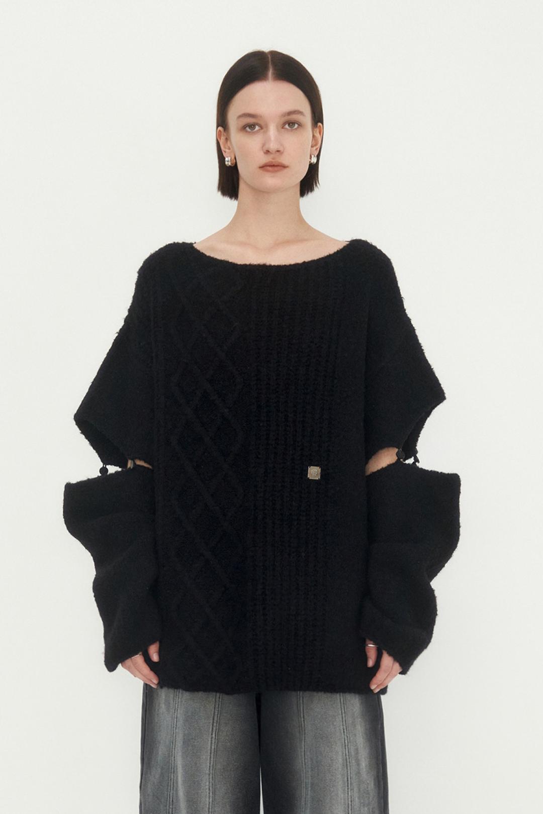 Sleeve Slit Boat Neck Knit [ Black ]