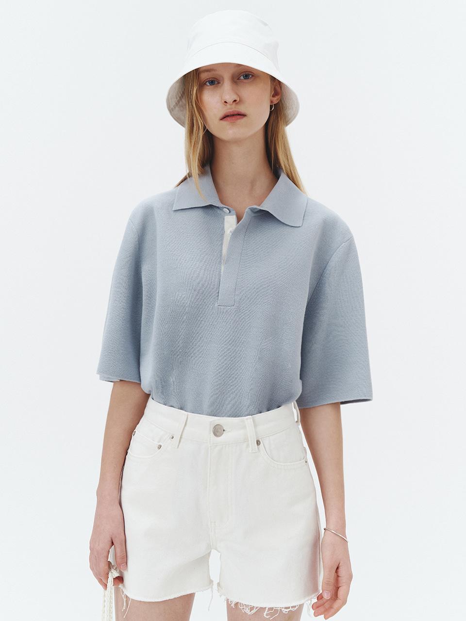 UNISEX HIDDEN PLACKET COLLAR KNIT MIST BLUE