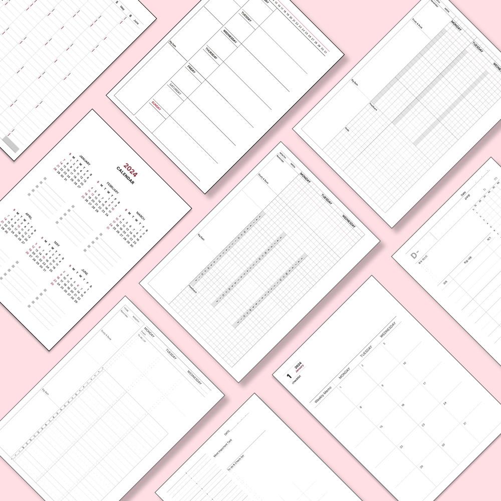 2024 플래너 6공 다이어리 속지 연월간 스탠다드 세로 6공 월일 프리미엄 100g