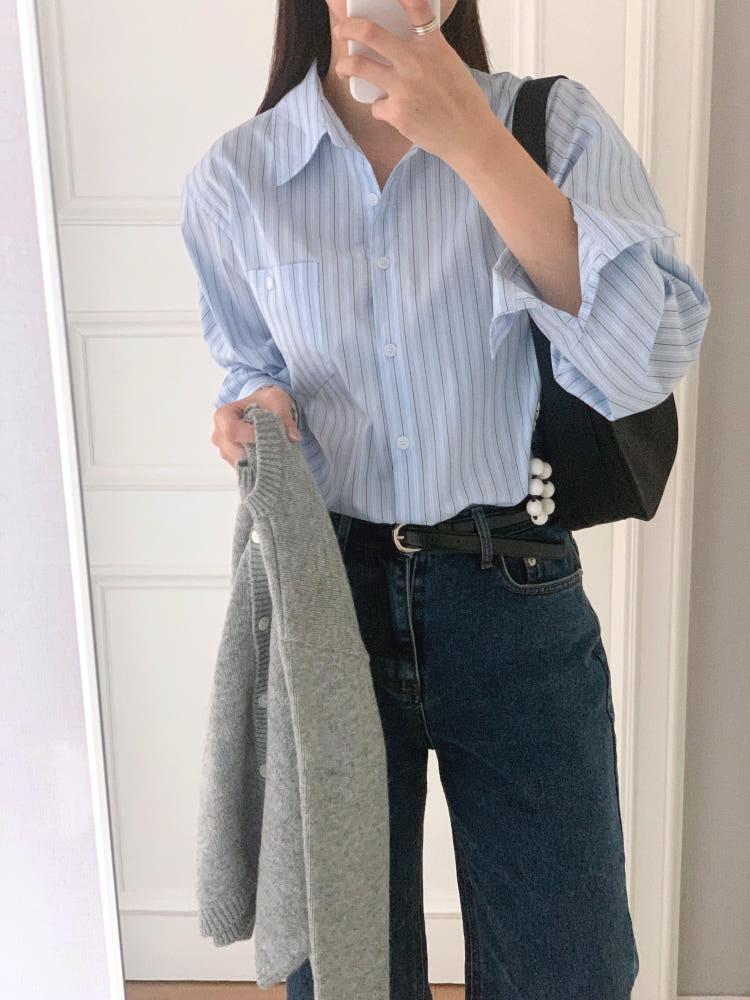 클래식 스트라이프 셔츠 여성 블라우스 여자 봄 셔츠 코발트블루