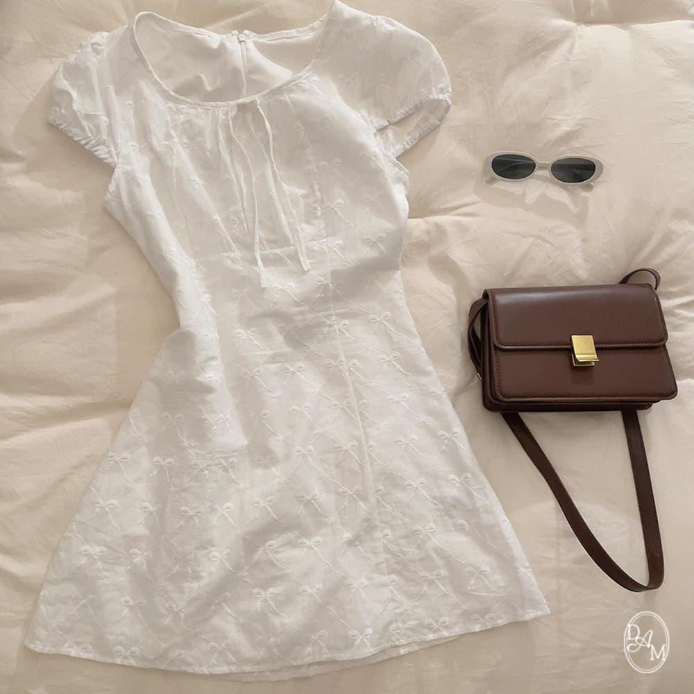 루비에르 리본 퍼프 미니원피스 비치웨어 휴양지원피스 바캉스룩 호캉스