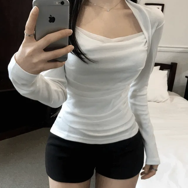 당일발송[승모근박살/팔뚝살부각X] 매쉬 쉬폰 드레이프 레이어드 망사 볼레로 일체형 긴팔 티셔츠