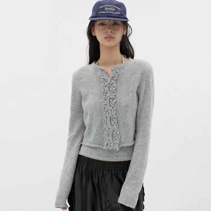 RUFFLE WOOL KNIT CARDIGAN SET MELANGE GREY
