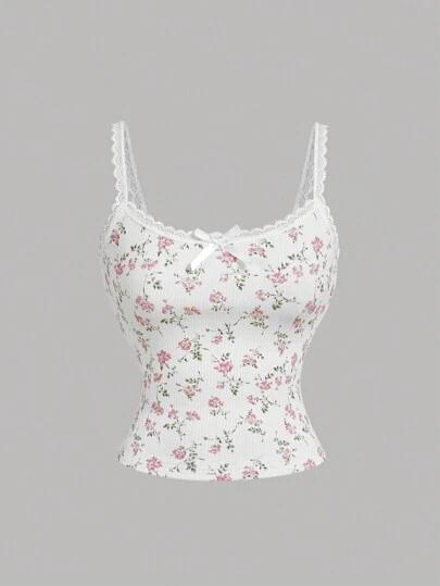SHEIN MOD 핑크 플로럴 레이스 캐미 탱크 탑, 귀여운 나이트웨어 캐미솔, 레이어링 셔츠, 여성용 섹시 블라우스