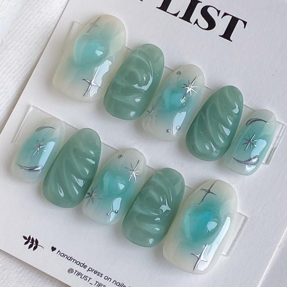 치크 수제네일팁 그린 미디엄오발NEW