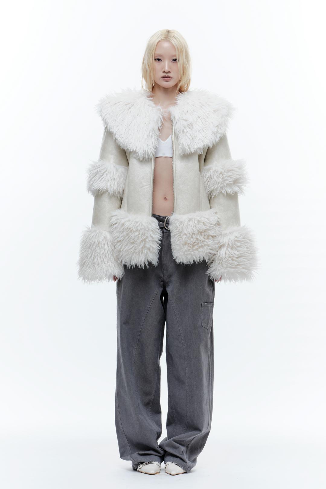 WIDE COLLAR LEATHER SHEARLING JACKET WHITE