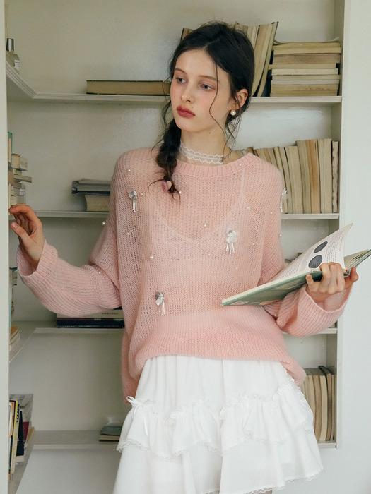 Cest_Pearl beaded knit top