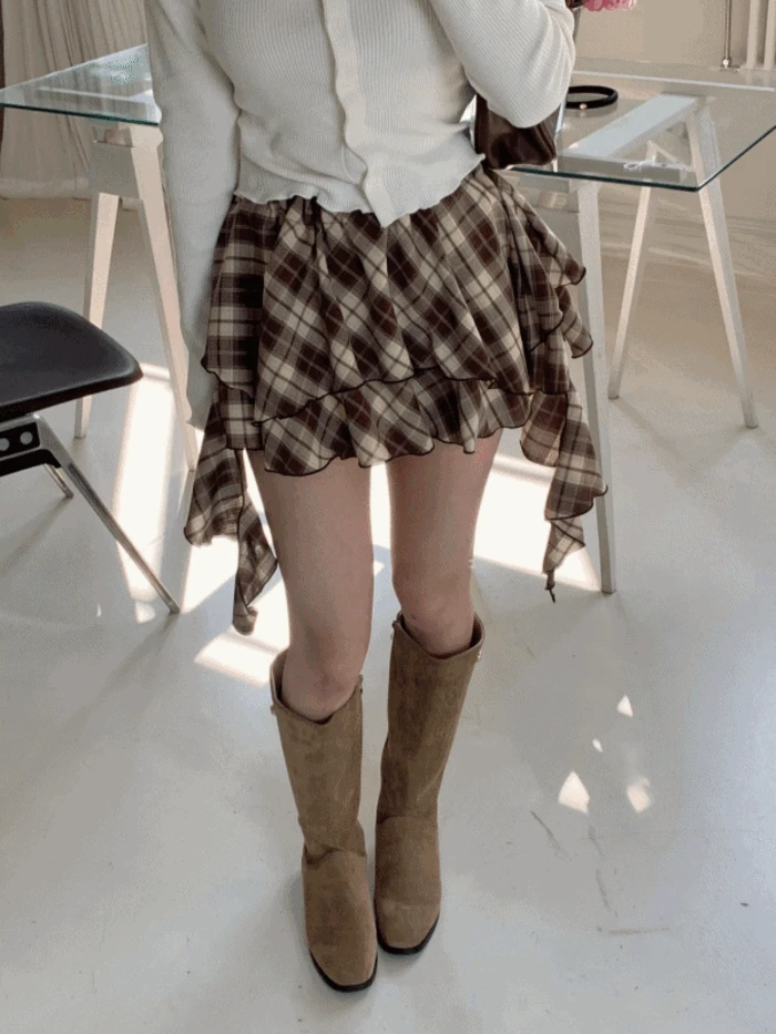 (봄신상/모카무스🤎) 체크 프릴 쉬폰 미니 스커트