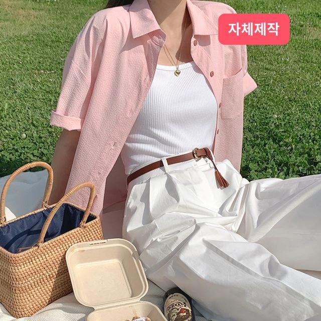 *당일발송[초특가세일!프리미엄:n.moment/3color/구김NO!] 러블리 체크 포켓 트임 반팔 셔츠/토미시어서커반팔셔츠