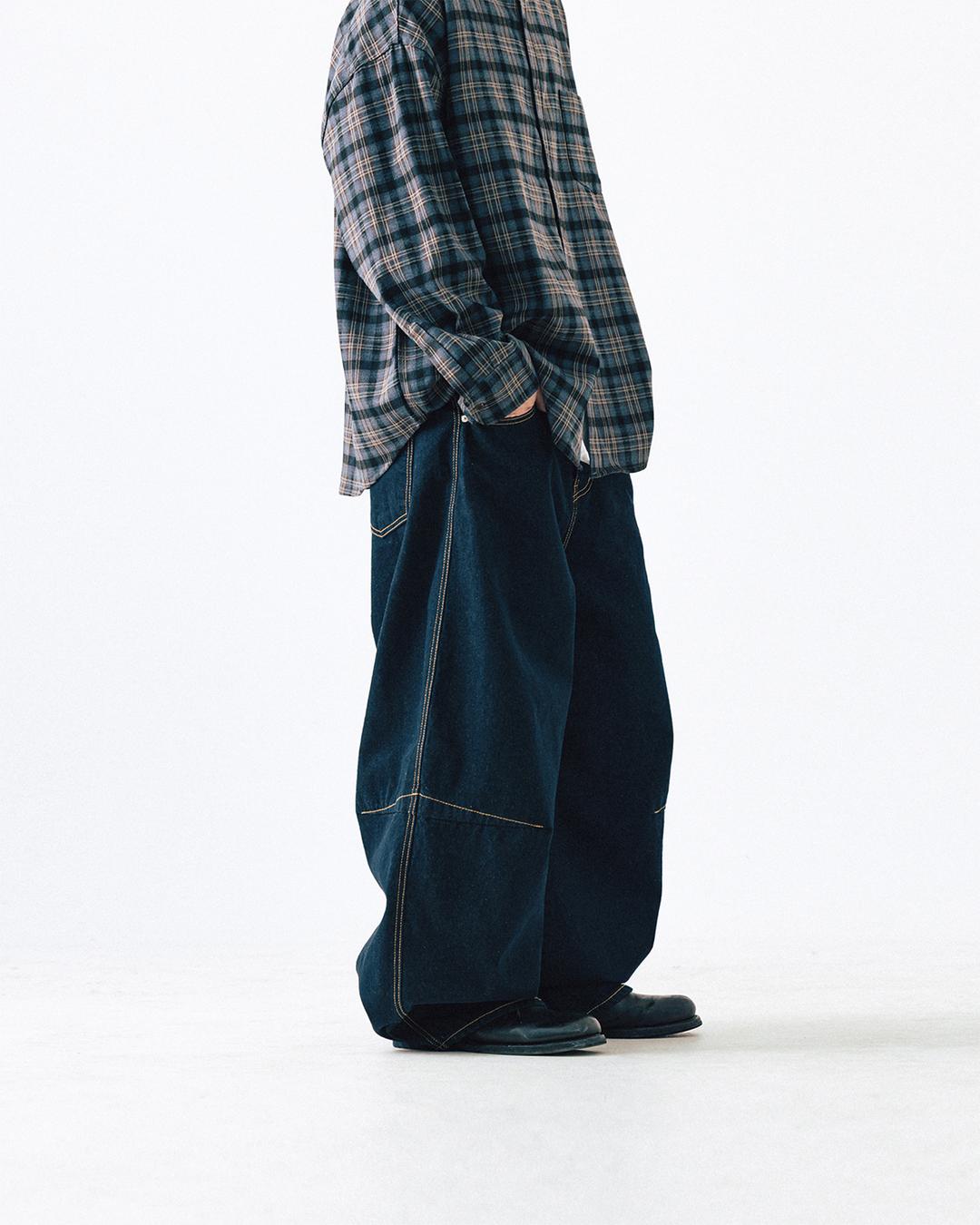 Curved Wide Denim Pants - Indigo