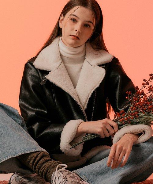WOMEN 크랙 덤블 오버핏 무스탕 양털 플리스 자켓 Black_White [라이더 ver.]