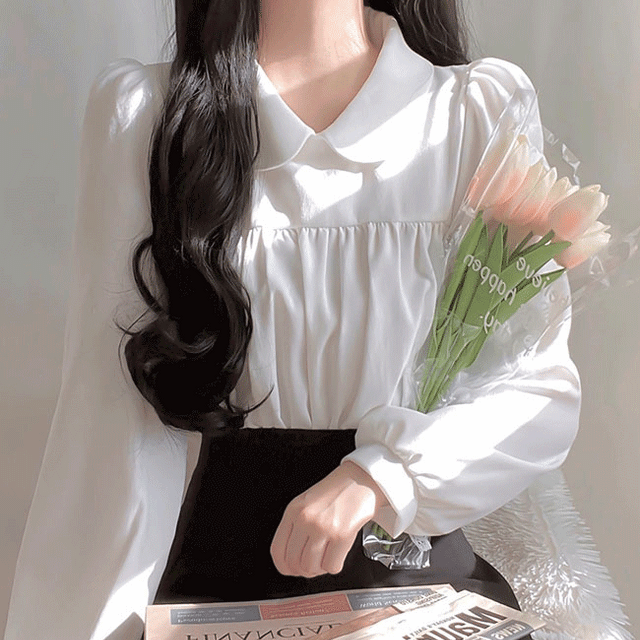 [단정해요/러블리] 둥근 카라 반크롭 셔링 밴딩 퍼프 블라우스