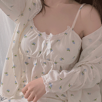 [당일출고!]3피스 세트 브라 캡 내장 플라워 꽃 레이스 여리여리 나시 가디건 세트 팬츠 set 상하 홈웨어 잠옷 파자마 2color