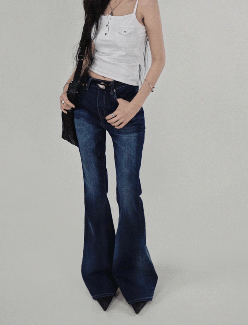 WASHED DARK BLUE DEEP DENIM SLIM FIT BOOTCUT JEANS 워시드 다크블루 딥 데님 슬림핏 부츠컷청바지