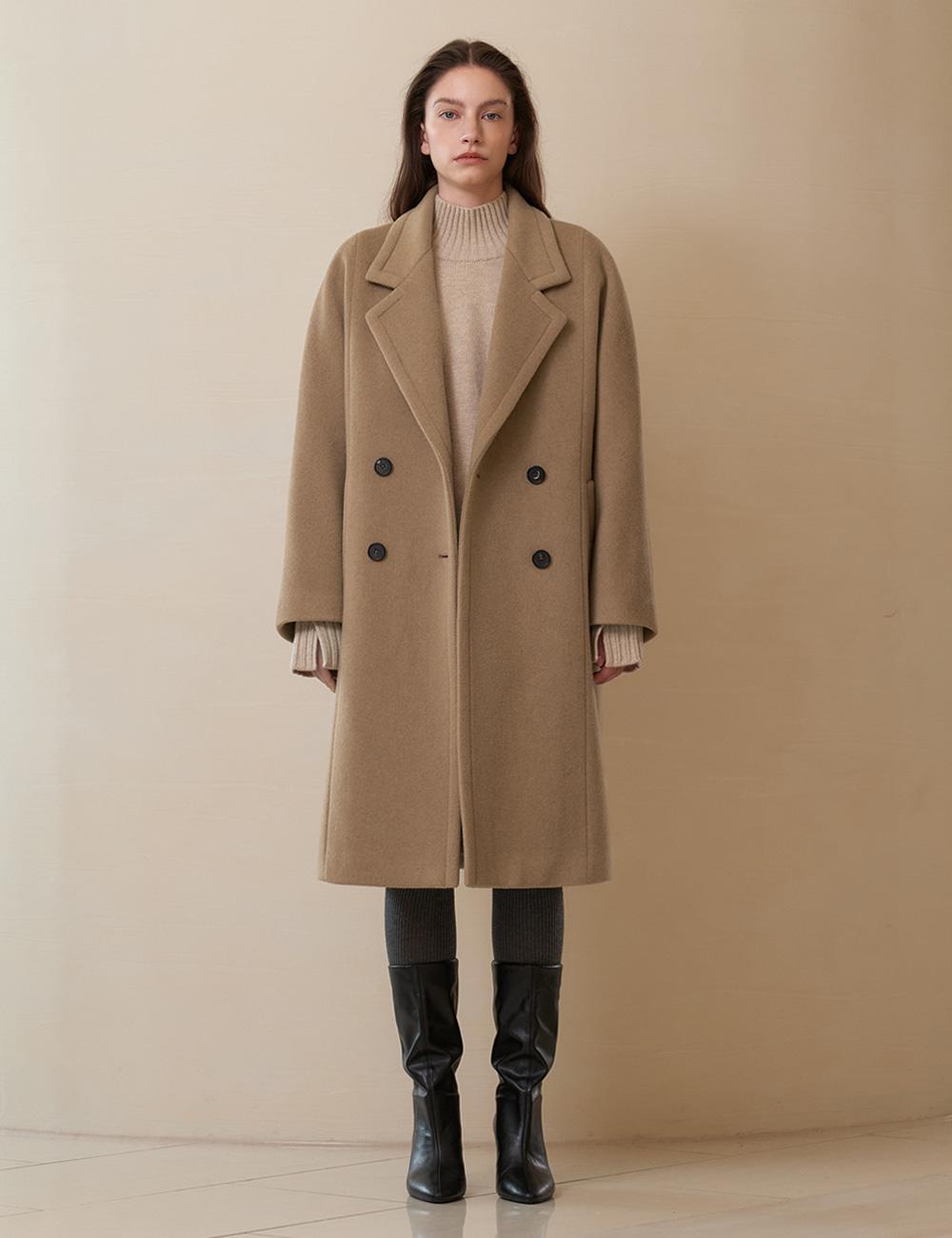 Karen Cashmere Blend Double Long Coat (Camel Beige)
