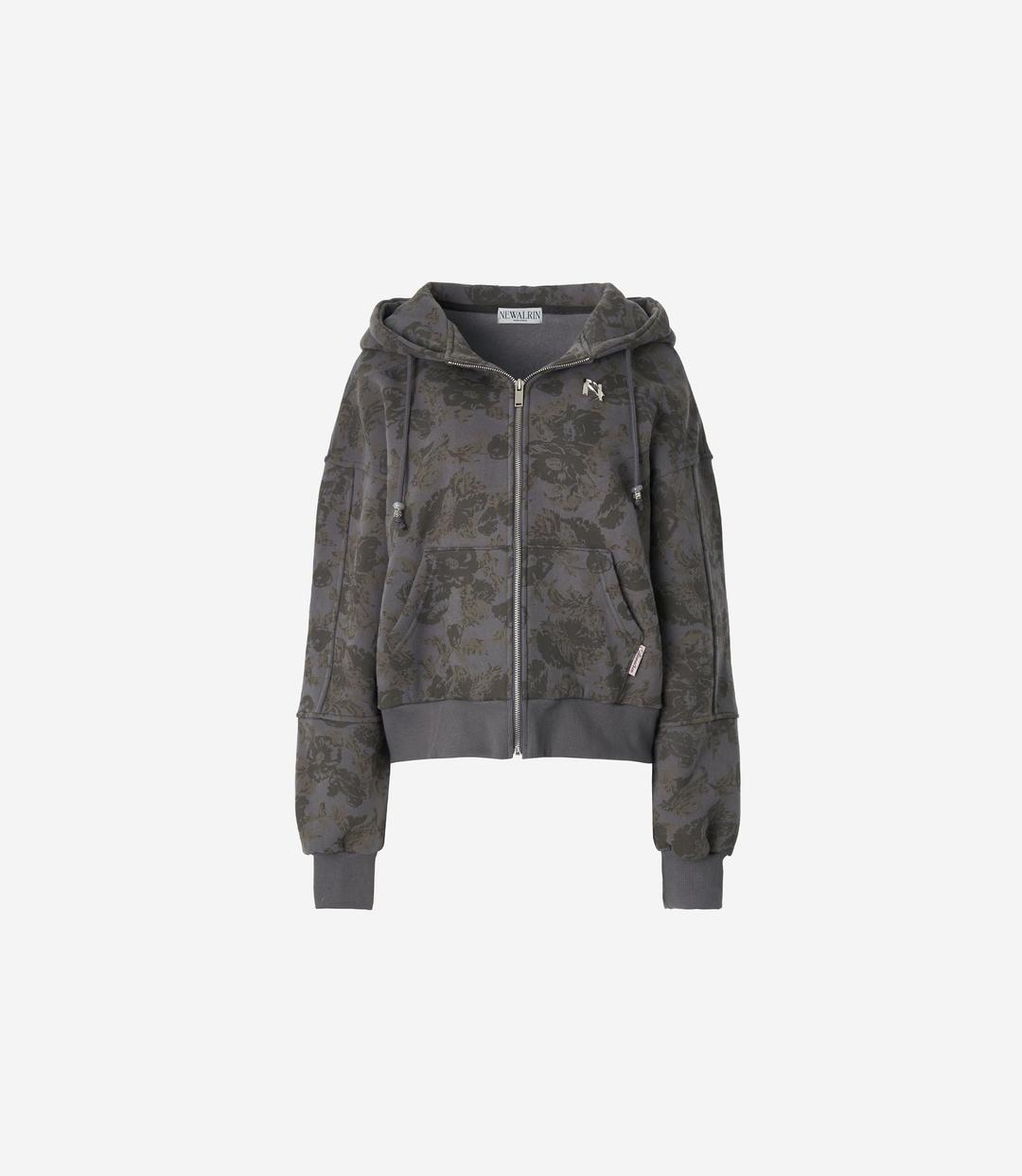 Flower Beaded Oversized Zip-Up Hoodie